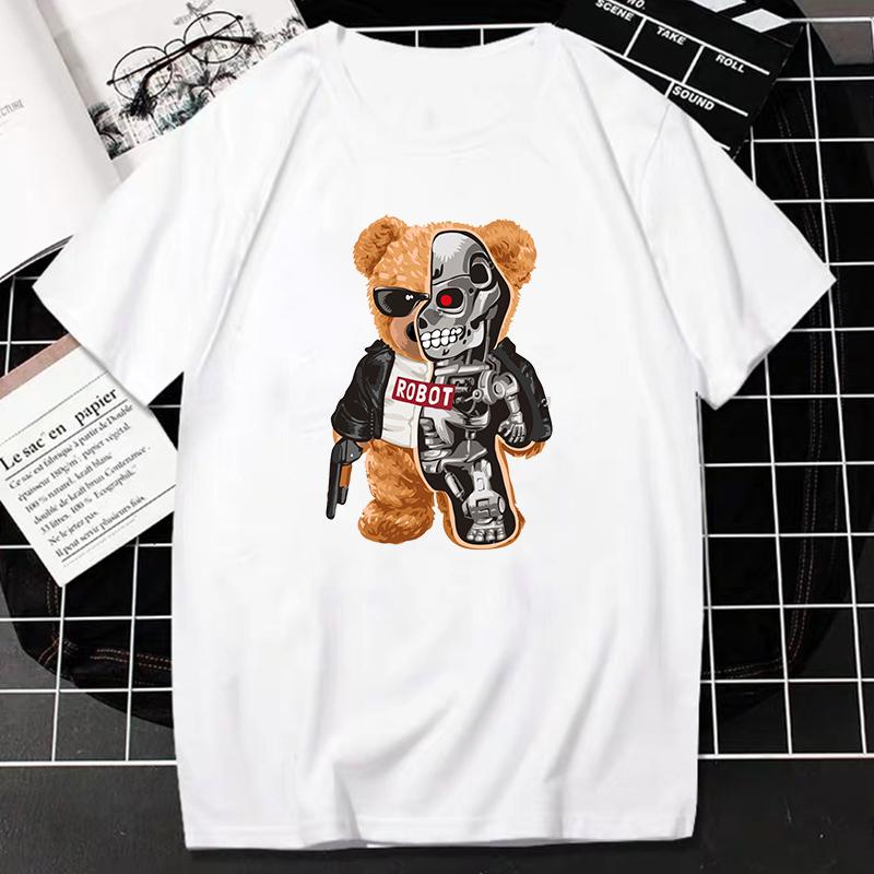 2023 Creative Teddy Robot Print Tshirt Cool Robotic Graphic Streetwear Women Men Casual Oversized Tee Hip Hop Grunge Tee Custom
