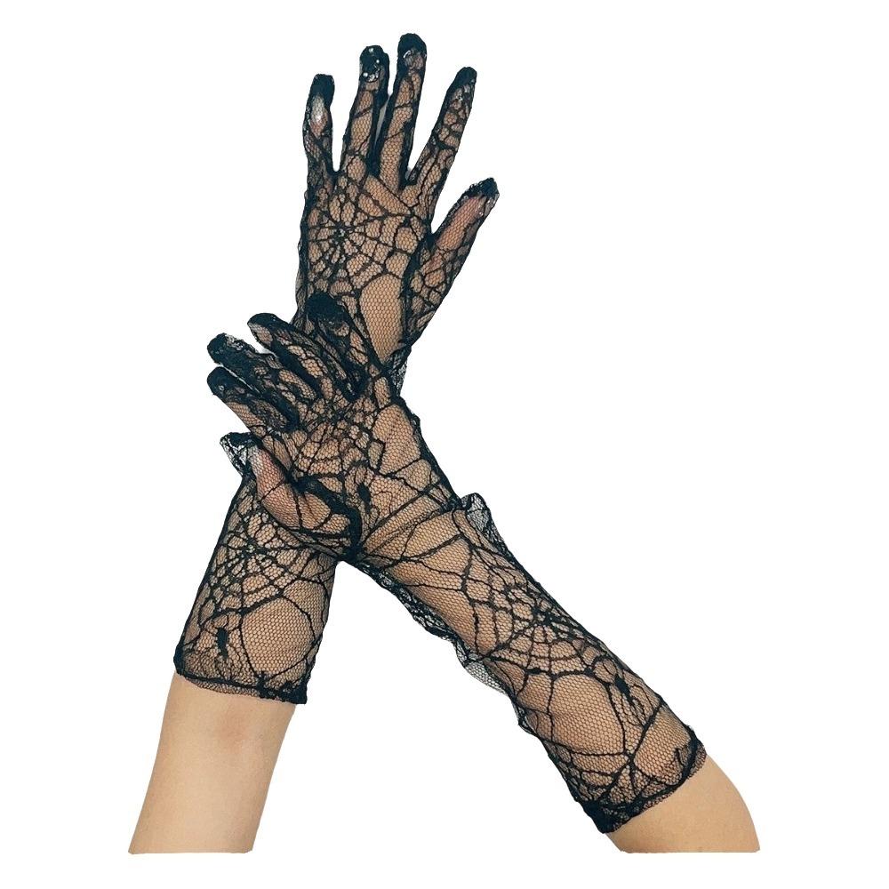 Elegant Solid Color Spider Web Gloves Transparent Gauze Women Driving Gloves Dark Series Mesh Long Mittens Girls