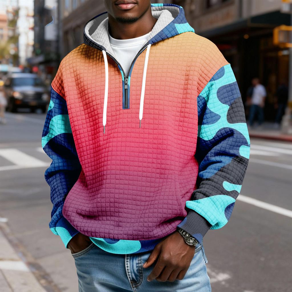 Herren Half-Zip Kapuzen-Plaid-Pullover Kordelzug Print Lässiges Sport-Sweatshirt