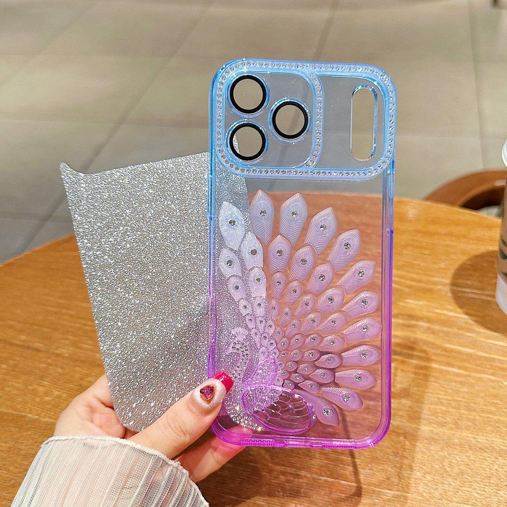 Colorful Gradient Glitter Peacock iPhone 17 Case with Rhinestones for Apple 16 Pro Max