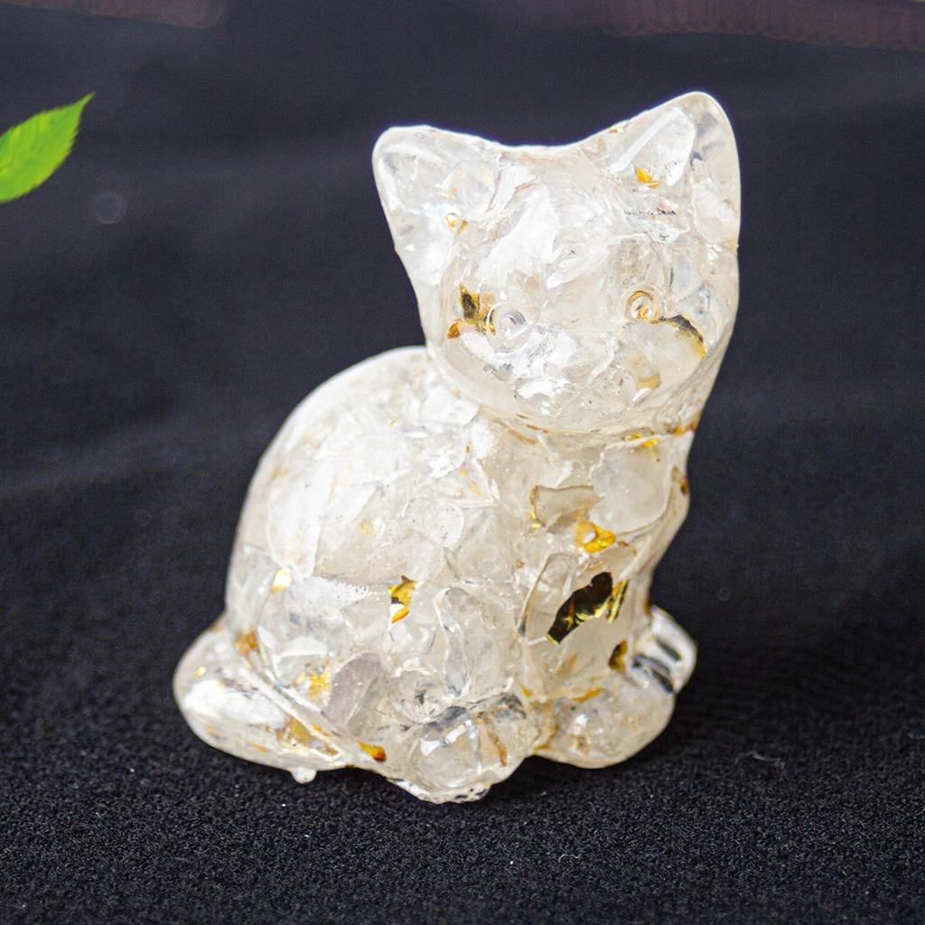 Natural Crystal Gravel Resin Sitting Turning Face Cat Figurine With Gold Foil Cute Desktop Decor For Home Office