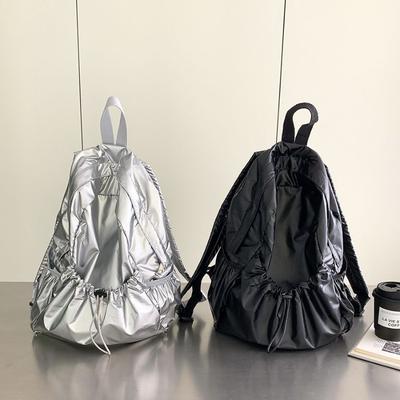 New Drawstring Pleated Silver Backpack Women's Wind Light Girls Casual Large Capacity Backpack Women