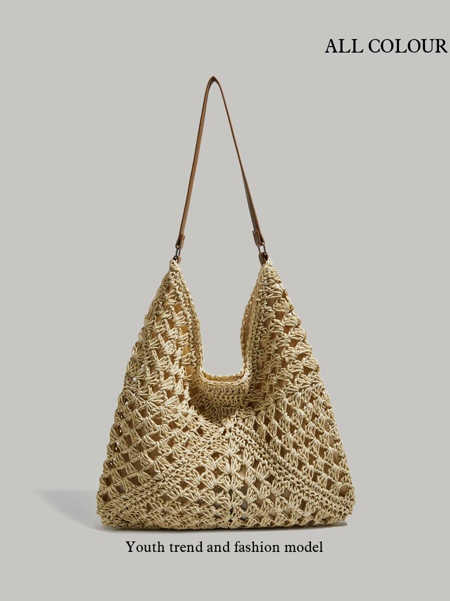 

Large Capacity Grass Woven Bag, Women s New Trendy Tourism Beach Bag, Woven Hollow Bag, Single Shoulder Tote Bag хакі