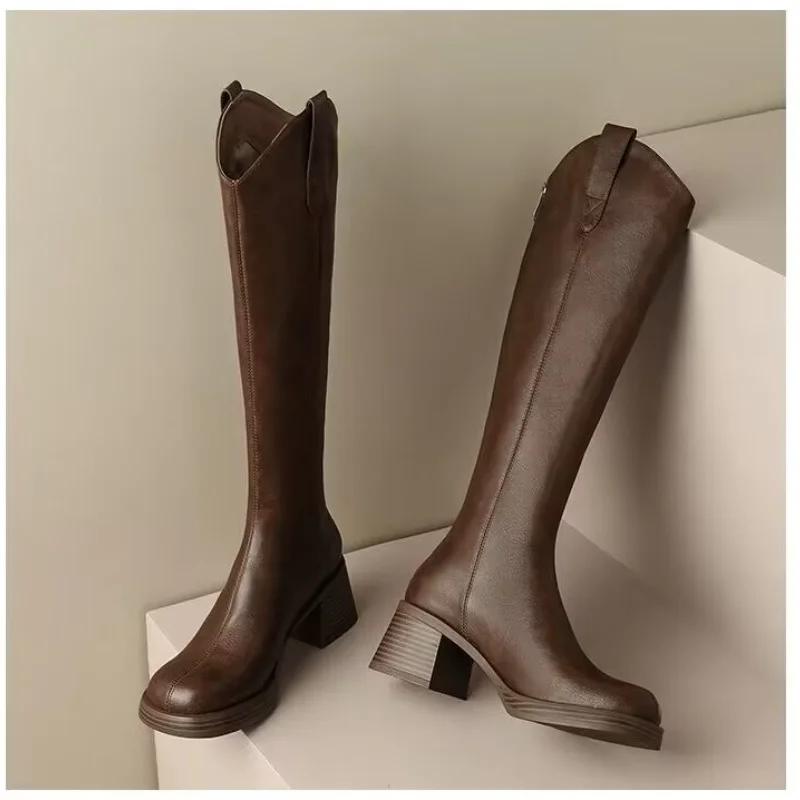 

Новые популярные женские сапоги на молнии на толстом высоком каблуке Простые толстые высокие каблуки Осенние и зимние сапоги до колена Zapatos 38