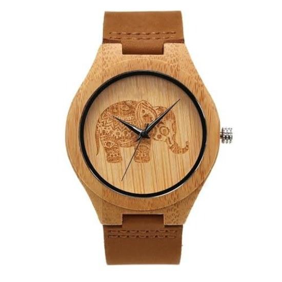 Mens wristwatch wooden bamboo genuine leather strap quartz simple casual natural wood Japanese movement logo custom (Bamboo Kouka Shikato Men)