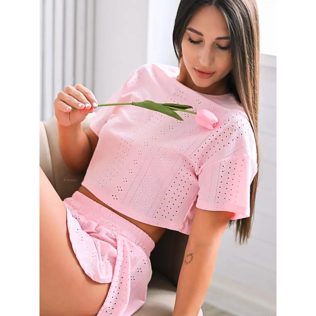 Bekväma Löst Enfärgad Ihålig Sovkläder, Kortärmad Shorts, Två Stora Storlekar Dam Hemma Kläder