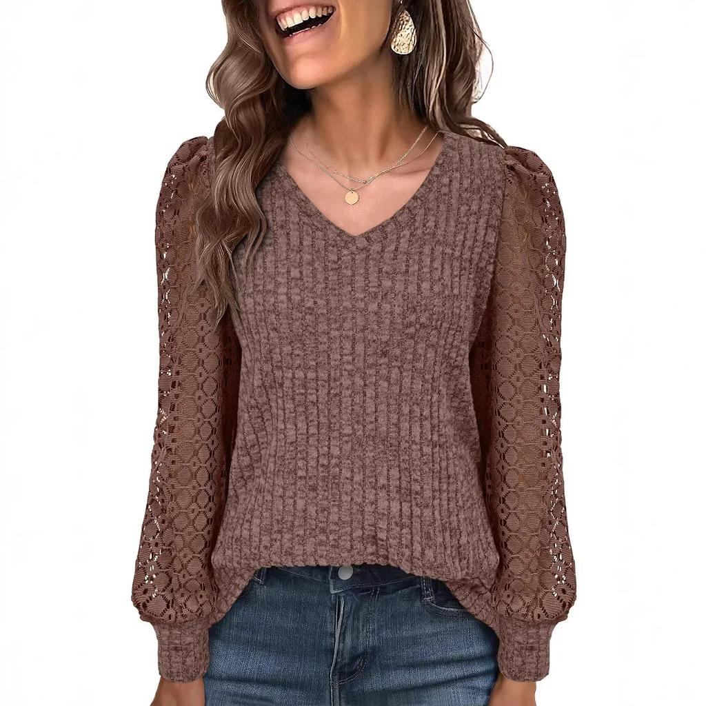 Women's Casual V-Neck Lace Long Sleeve Base Shirt Color Block Design Pure Color Tops Spring Autumn T-Shirt