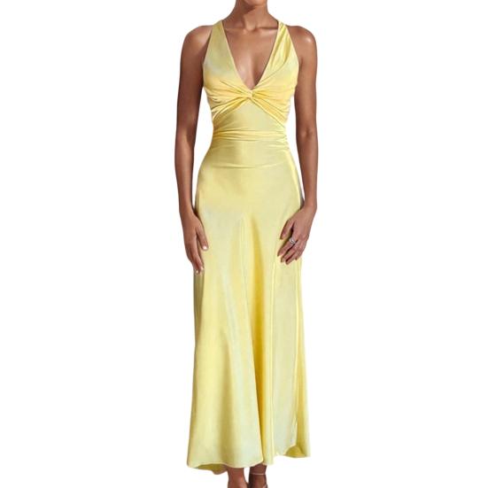 Women s Satin Maxi Prom Dress V Neck Formal Wedding Guest S жёлтый