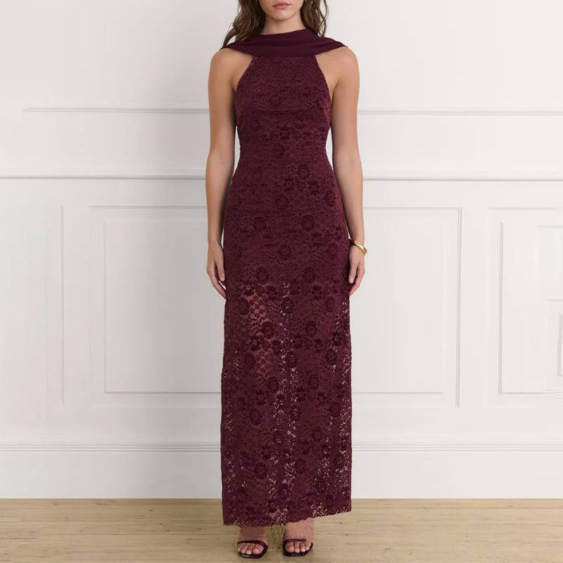 

2025 European-Style Autumn Lace Backless Dress - Sexy, Waist-Cinched, Hip-Hugging Large бордовий