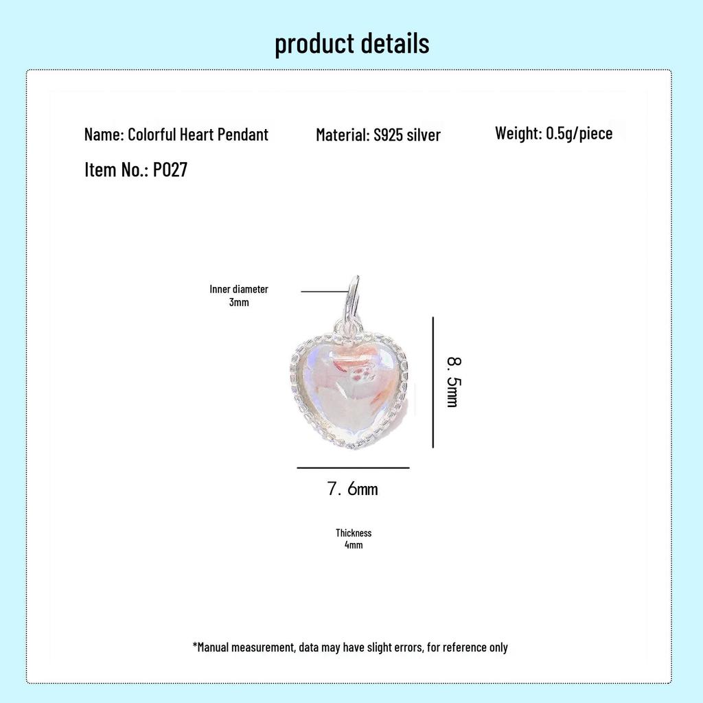 S925 Sterling Silver Iridescent Gradient Heart Charm for DIY Jewelry: Necklaces, Bracelets, and Foot Ornaments.