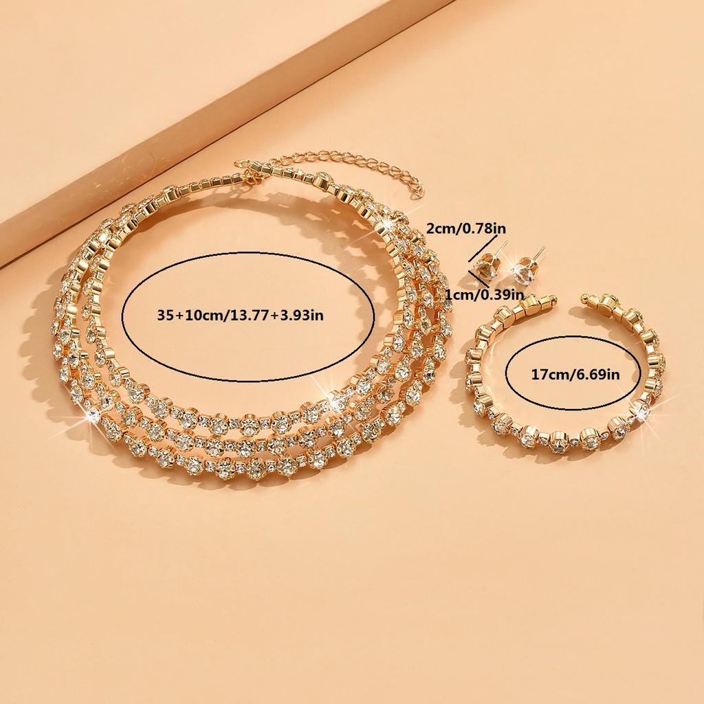 4-piece Women's Zircon Set with Rhinestones, Multi-layer Collars, Earrings, Bracelets, Wedding Party Accessories