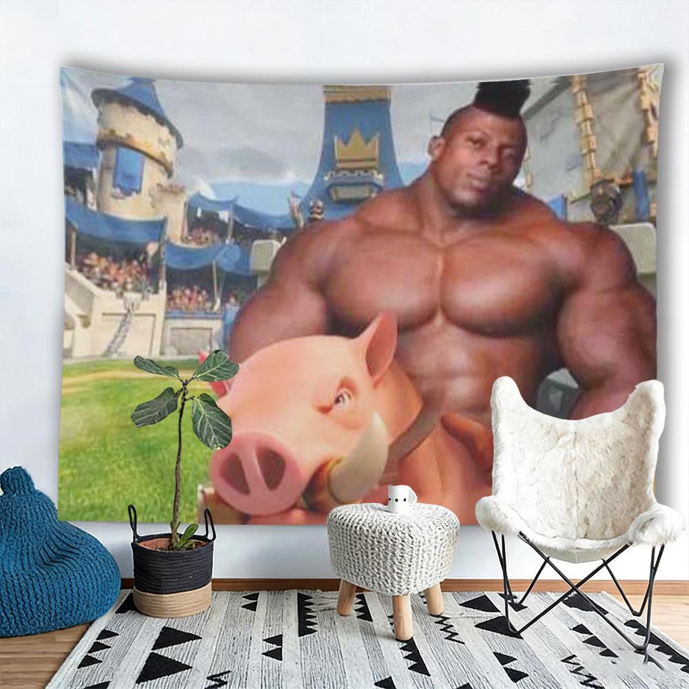Pig Knight Tapestry Funny Cartoon Wall Hanging, Creative Art Flat Print Home Decor for Living Room Bedroom Dorm Party Decoration