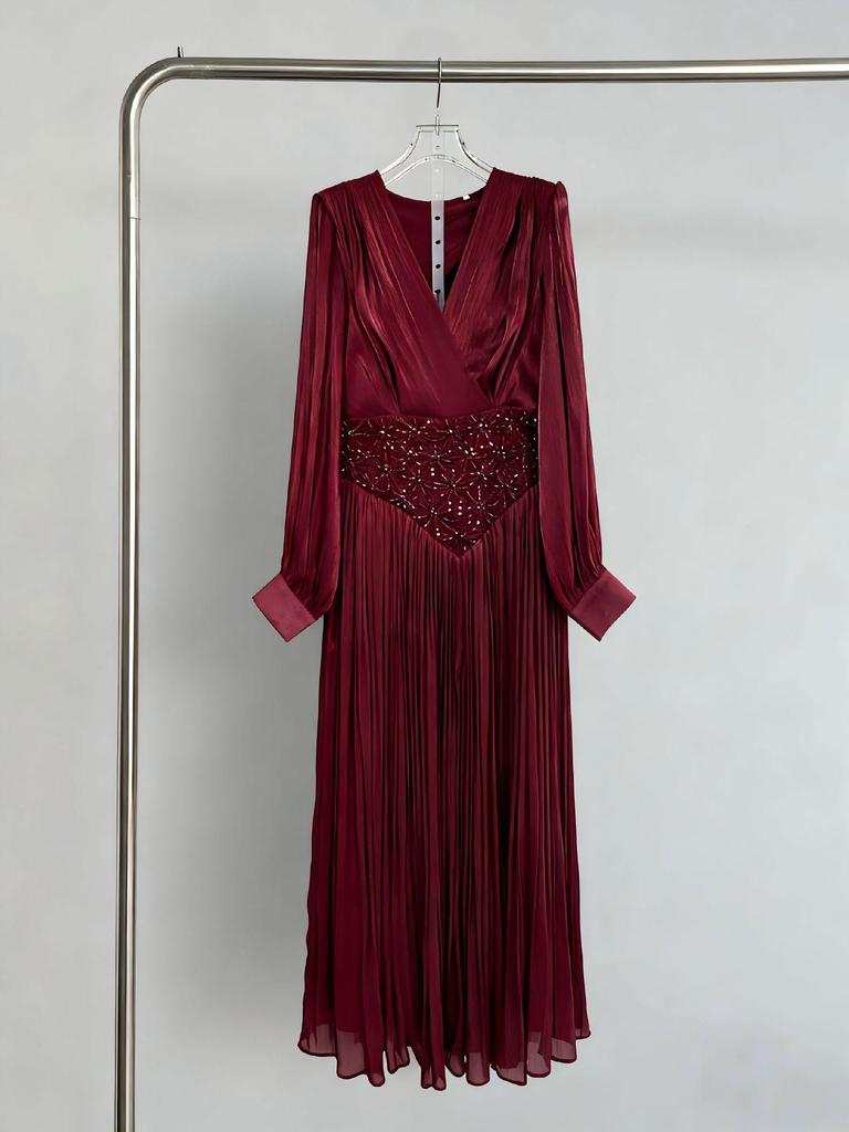 Robe longue plissée en gaze patchwork sexy col en V européenne et américaine 2026