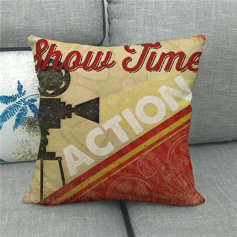 Vintage Cinema Movie Theme Pillow Cover Cushion Cover Film Throw Pillow Case For Home Theater Sofa Decor Peach Skin 1 Pc 40X40