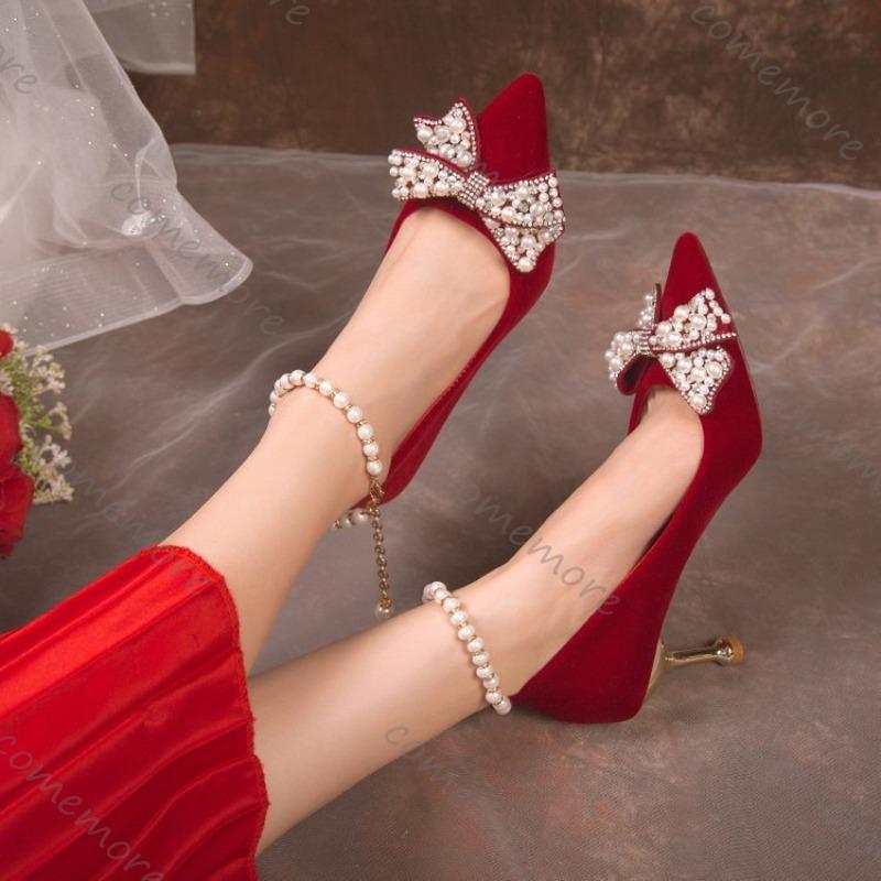 Fashion Comemore Spring and Autumn New Bridal Shoes High Heels Pointed Toe Women Pumps Ankle Pearl Buckle Shallow Mouth Heels for Women