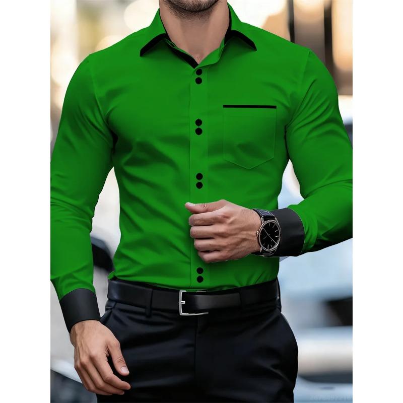 Men's Business Color Block Collar Long Sleeve Shirt, Slim Fit, Wrinkle-Free, Black and White Patchwork Shirt, Men's Fashion Top