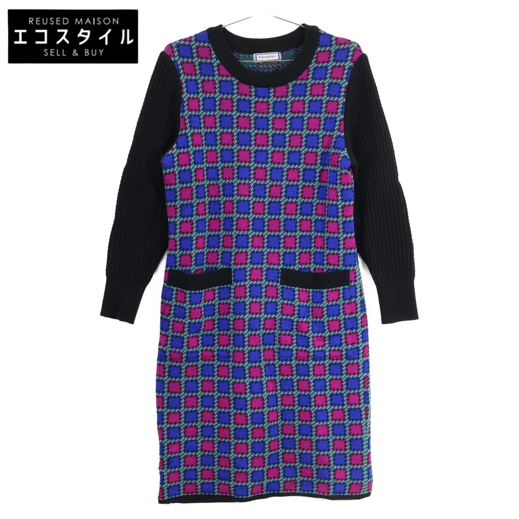 Yves Saint-Laurent Check Knit Dress M Black X Purple X BlueUsed