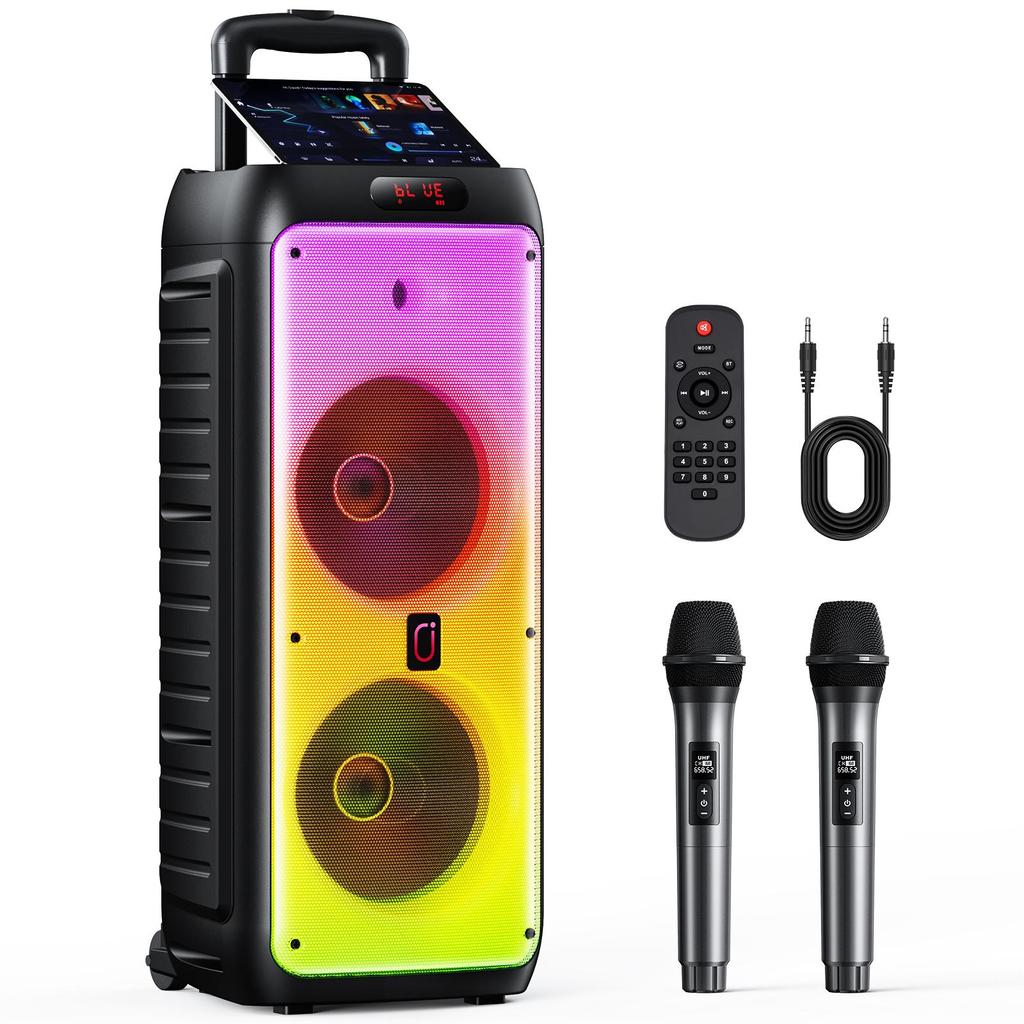 T38 Large Bluetooth Speaker, Wireless Speaker with Wheels and Push Rod, Karaoke Machine with Two Microphones With Tws