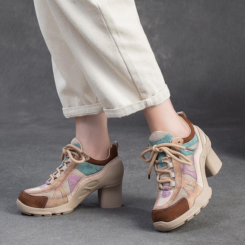 Johnature Fashionable Breathable Sports Style High Heels Mixed Colors Versatile Lace-up Women's Shoes