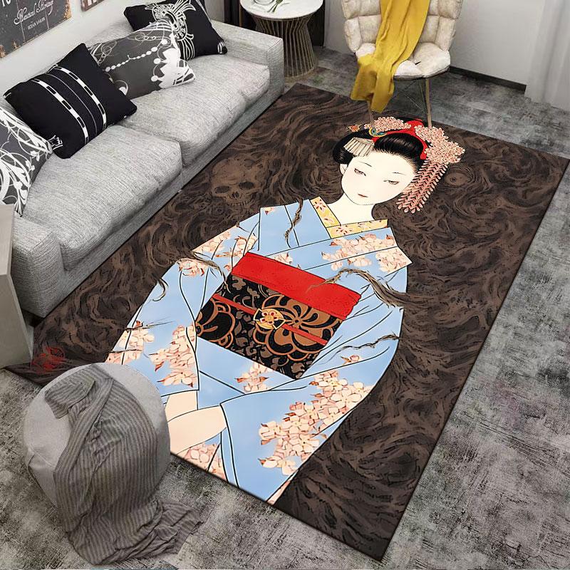 Geisha in Cherry Blossom Kimono suitable as a non-slip mat for the living room or bedroom sofa