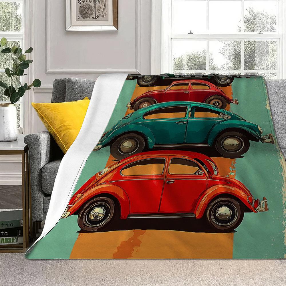 Retro Beetle Car Theme Flannel printed blanket suitable for all seasons suitable for living room office sofa and travel
