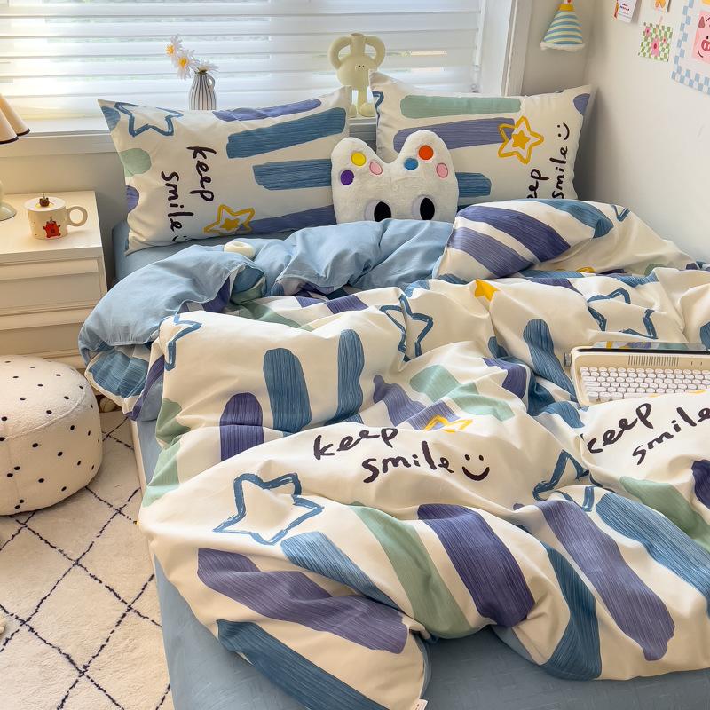 4Pcs Set Class A Maternal Infant Grade Small Fresh Grinding 4-Pcs Set Skin-Friendly Bed Sheet Washed Cotton Quilt Cover Dormitory 3-Piece Set