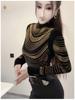 De Rong Women's High-Class Autumn Winter Half-High Collar Long Sleeve T-Shirt with Hot Drilling