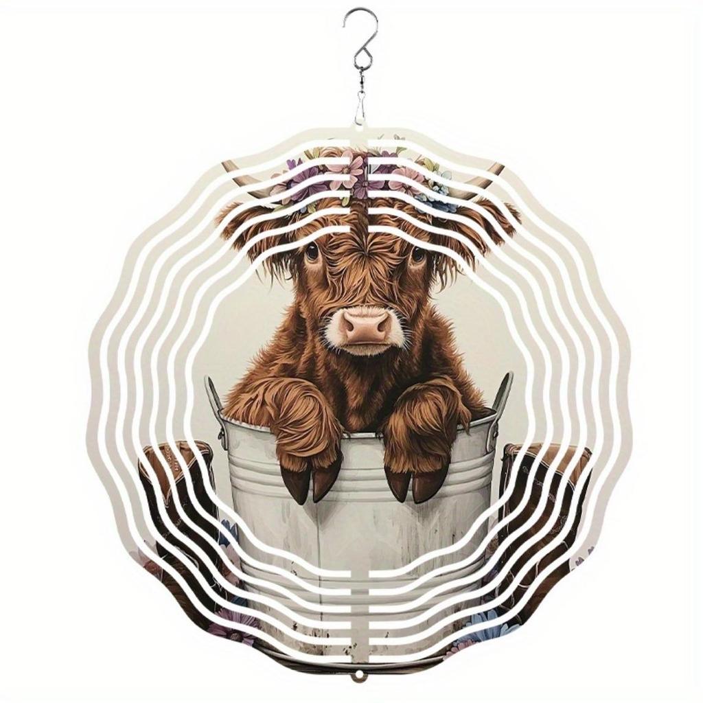 Highland Cow Windmill Garden Decor - 25.4cm (10-inch) Metal 3D Art Hanging Ornament, Floral Print Design