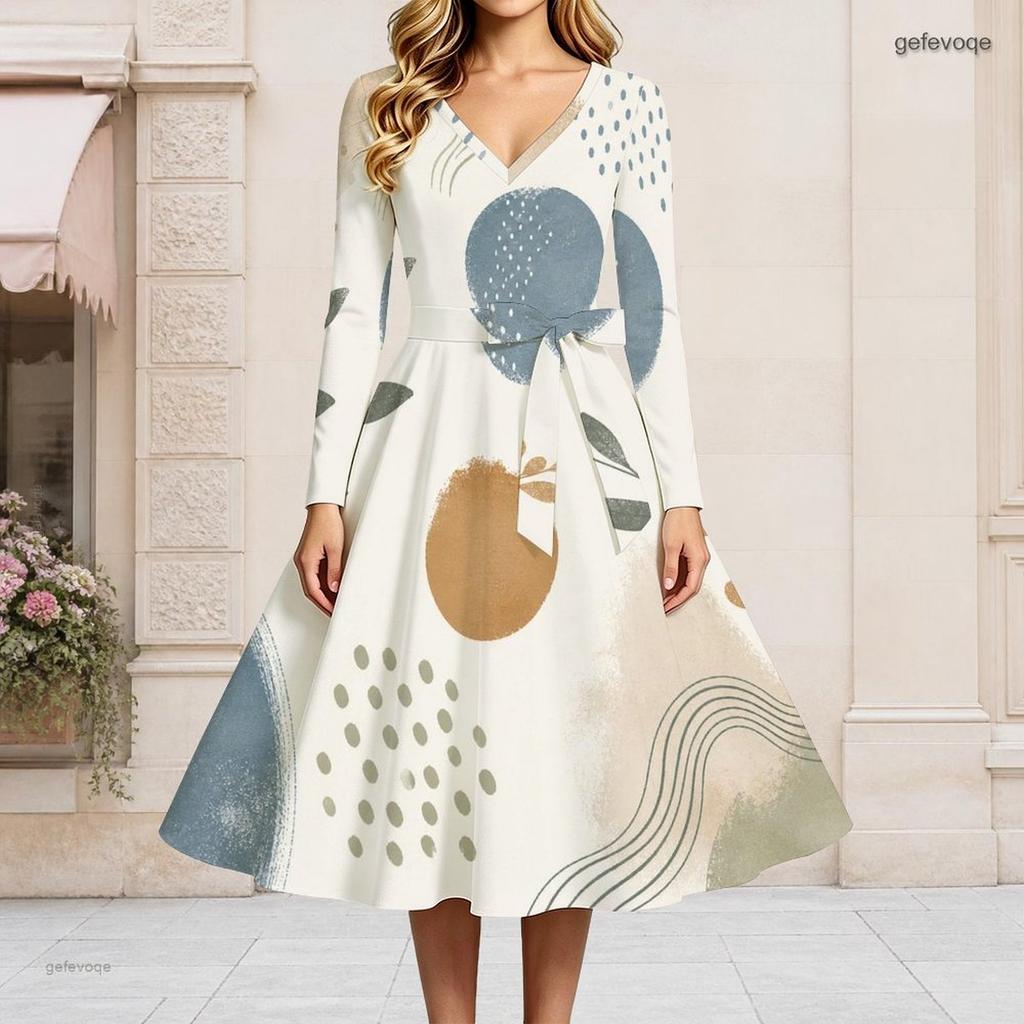 Women Plus Size V Neck Long Sleeve Blue White Printed Denim Patchwork A Line Dress With Belt