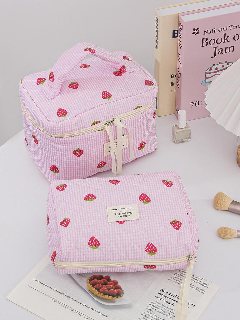 Stylish Quilted Cotton Makeup Bag with Cute Strawberry Design