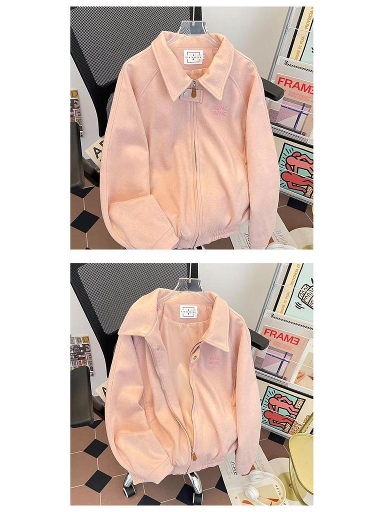 Koreanska Szykowana Damska Krótka Kurtka Baseballowa z Zamszu z Haftowanymi Literami