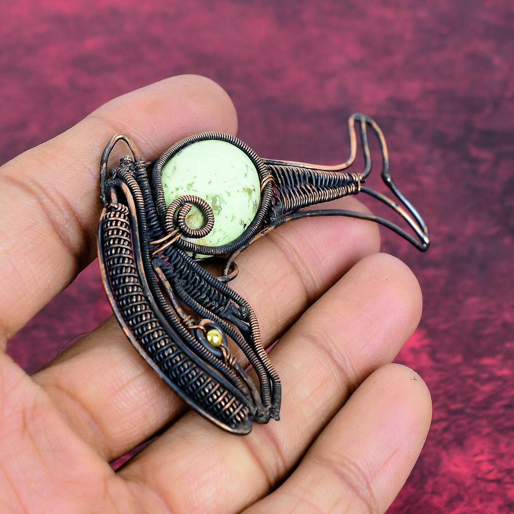 Lemon Chrysoprase Real Gemstone Pendant Fish Jewelry Copper Wire Wrapped Pendant