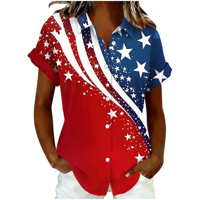 Womens Loose Fit Short Sleeve Printed Shirt Casual Vacation Style Collared Open Front Top