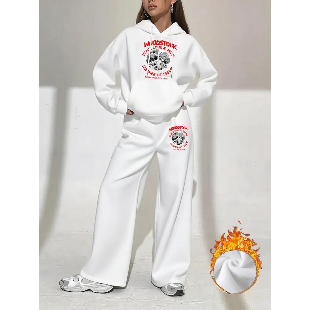 Design Inspired Pattern Hoodie Set, Women s Autumn and Winter Versatile Slimming Wide Leg Pants Sweatshirt Casual Sports Set S