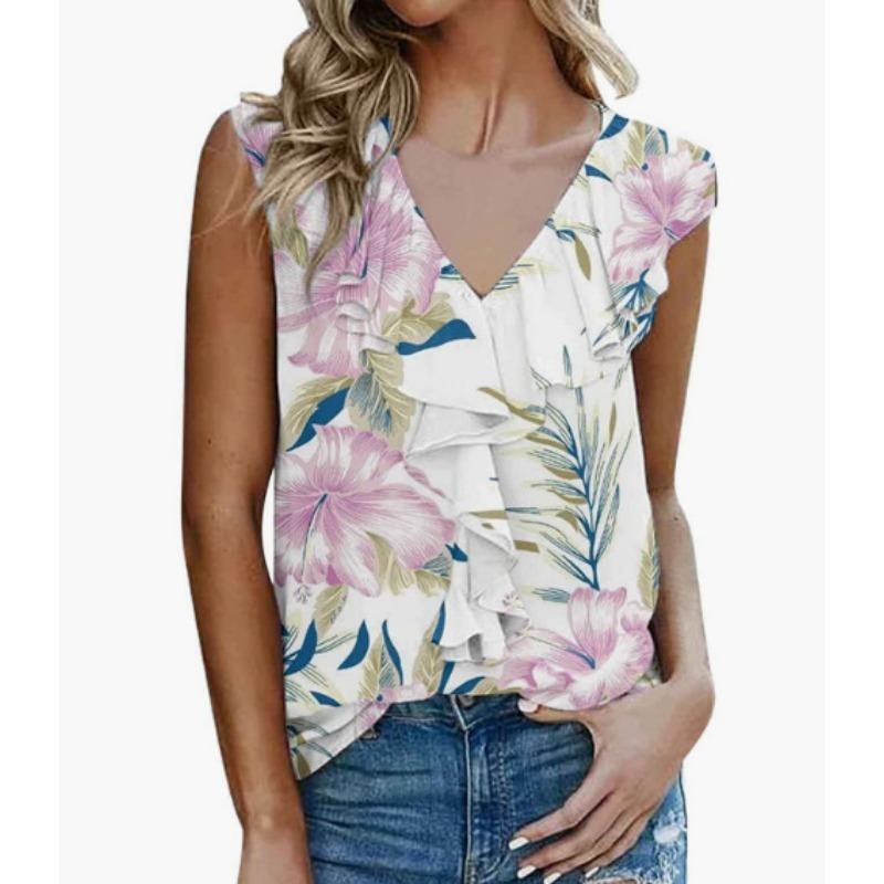 Women's plus size printed chiffon fungus trim T shirt