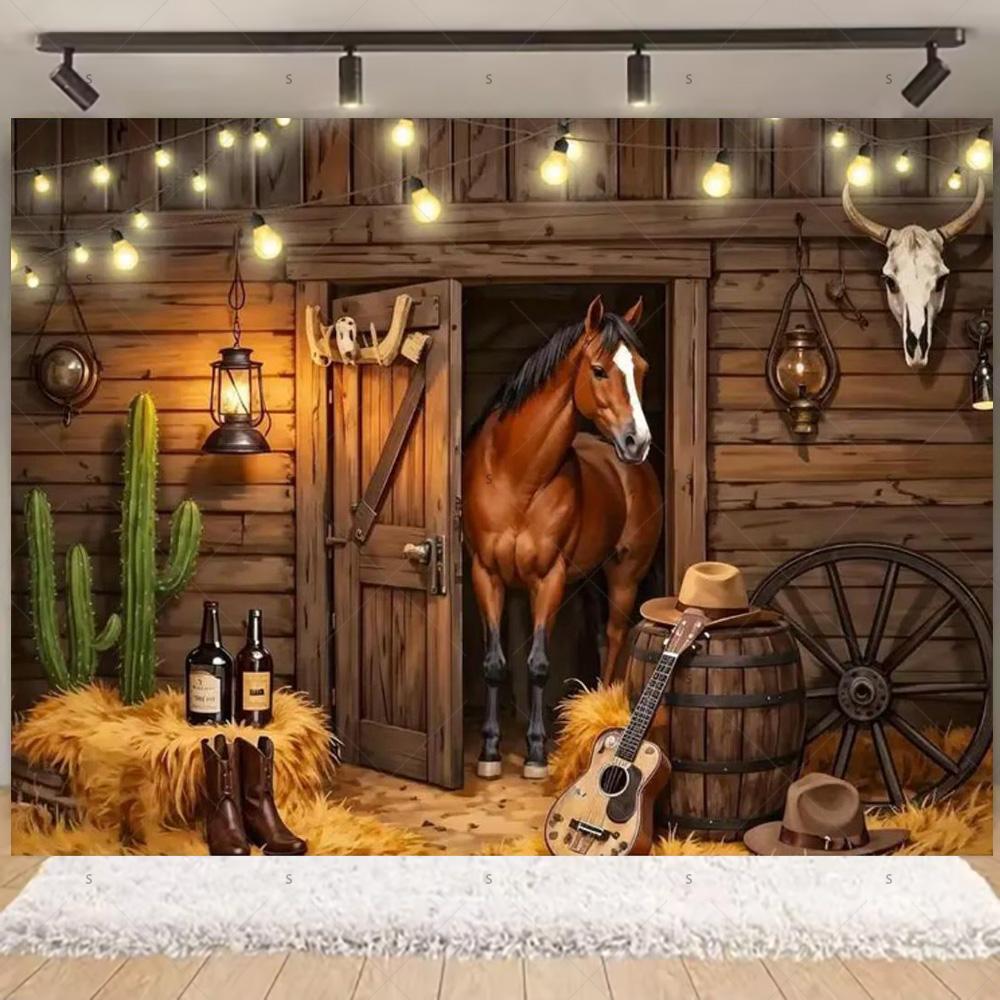Western Cowboy Photography Backdrop Rustic Farm Barn Haystack Wood House Horse Wheel Background Party Decor Photo Shoot Props