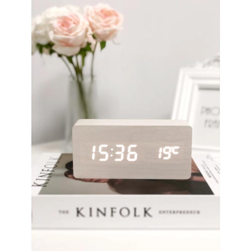 Ceas Deșteptător Digital Lemn LED Ceas de Masă cu Temperatură pentru Dormitor Birou Decorare Birou Snooze Control Vocal Dublu