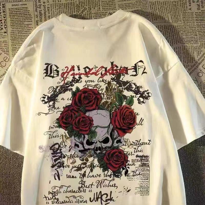 

American Diablo Rose Skull Printed Cotton Couple Short Sleeve Summer Campus Retro Loose Y2Kt T-shirt Women s Wear S