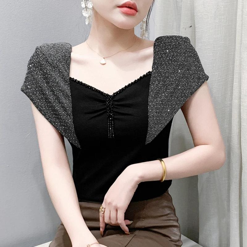 Summer Cotton Tops Streetwear Girl Sexy Square Neck Beading T-shirt Women's Shiny Diamonds Tees