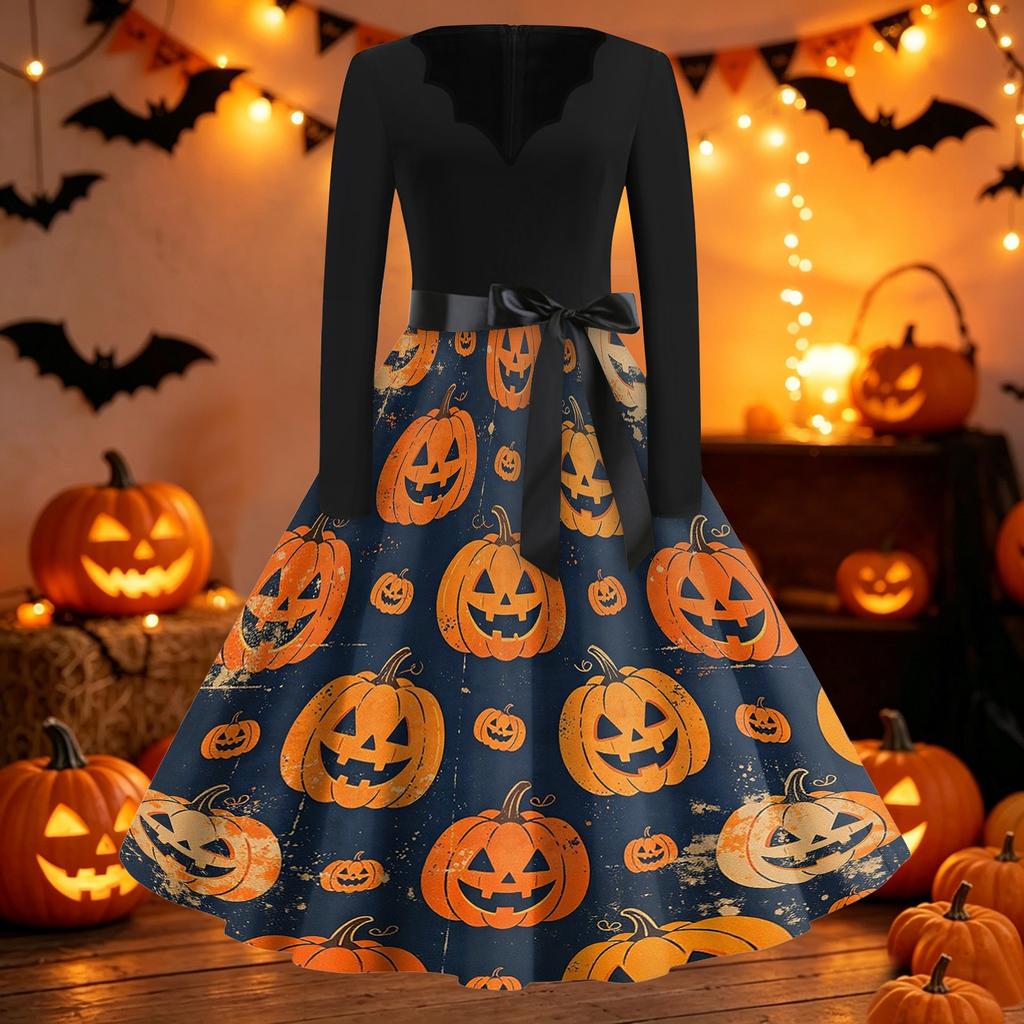 Women's Casual Halloween Print V Neck Vintage Dress Long Sleeve Retro Style Midi Dress with Waist Tie for Seasonal Wear