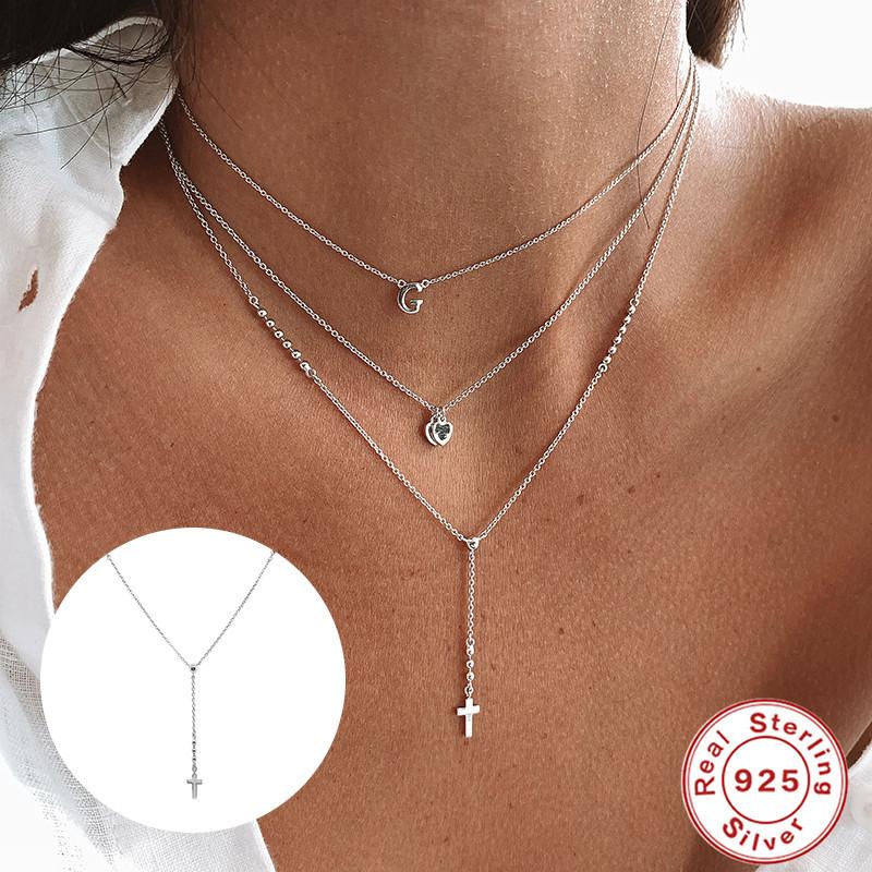 S925 Sterling Silver Y-Shaped Bead Chain Cross Pendant Necklace Stylish Simple Ins Style Ladies Clavicle Necklace