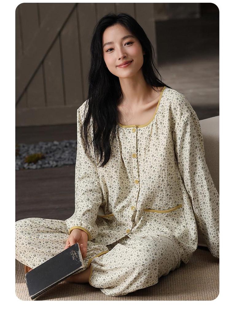 Women's Cloud Cotton Pajama Set with Chest Pads - Long Sleeve & Pants for Indoor/Outdoor Wear In Spring, Autumn, and Winter