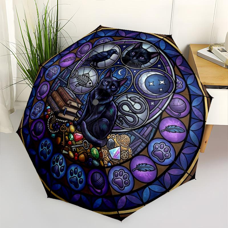 Mystical Cat Mandala pattern umbrella, portable and foldable design, 8 ribs, a casual accessory for Halloween, Christmas, and birthday gifts.