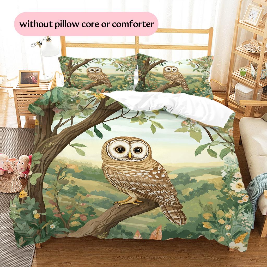 Eule auf Ast Muster Bettwäsche Quilt Set Heimdekoration Geschenk (1 Bettbezug + 2 Kissenbezüge, ohne Füllung)