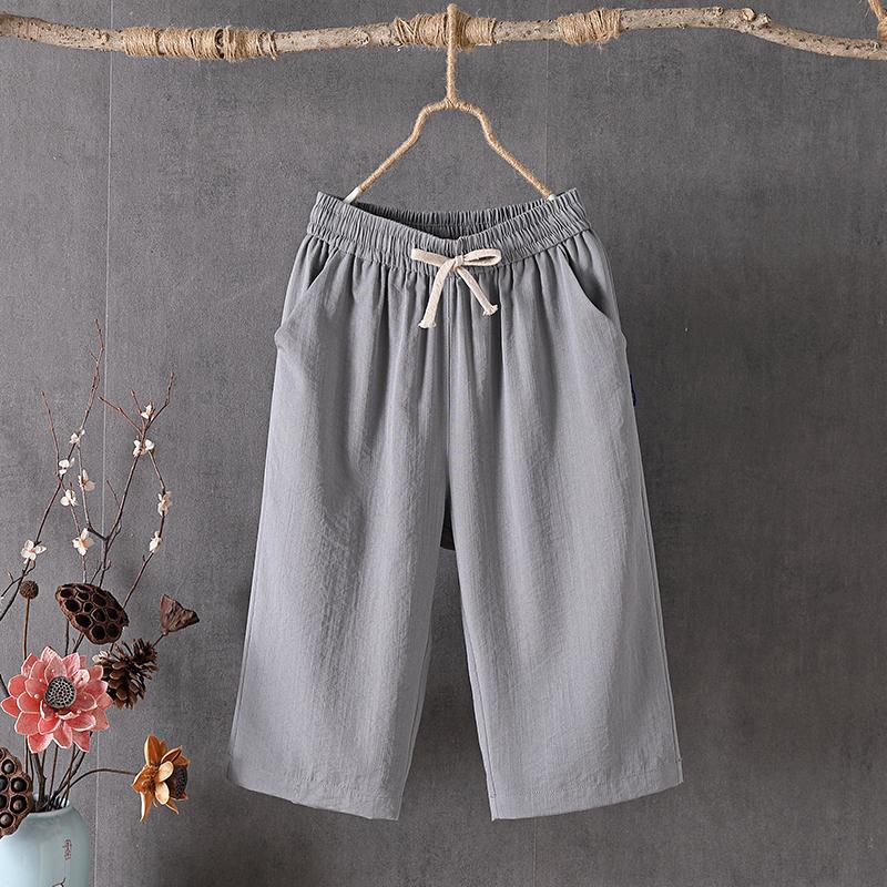 Women's High Rise Drawstring Waist Wide Leg Capri Pants Loose Fit Vintage Linen Blend Cropped Trousers
