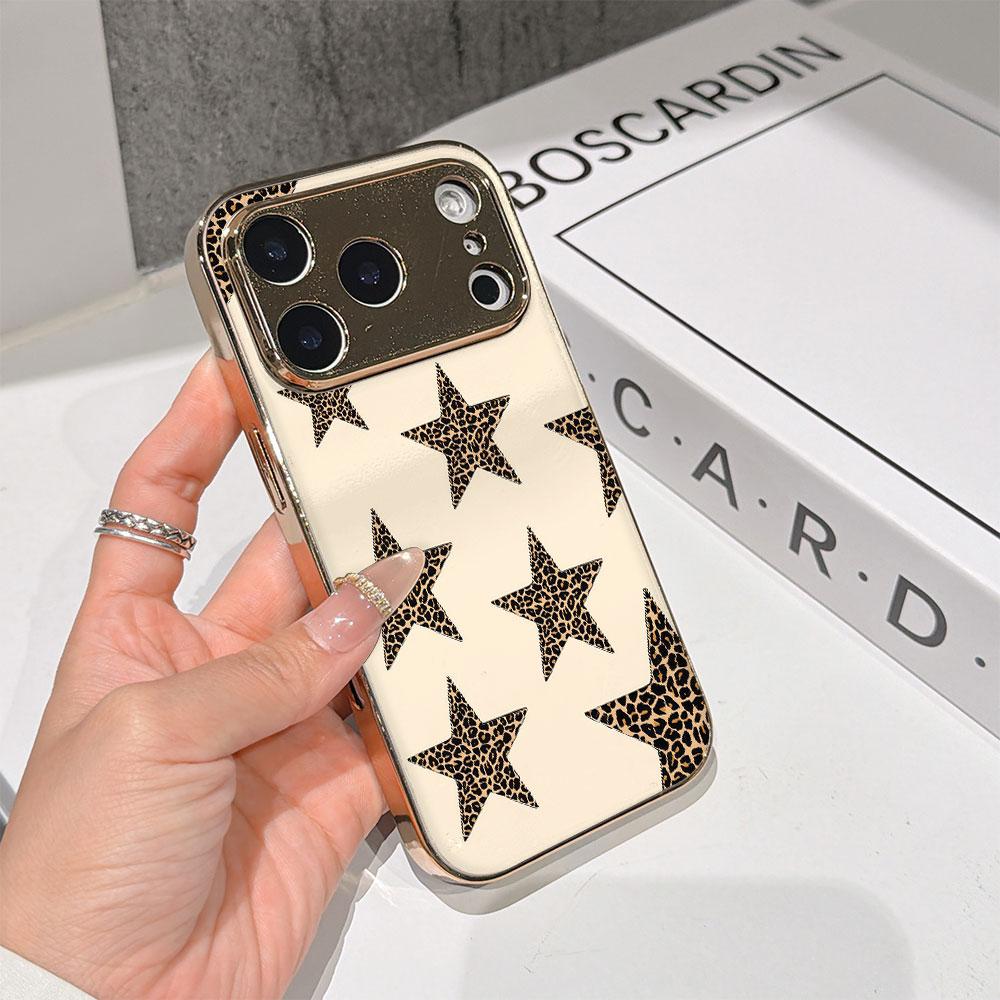Lucky Start Phone Case For iPhone 17 16 15 14 13 12 11 Pro Max 16E Gold Electroplated glass shell  Leopard Print Stars Cover