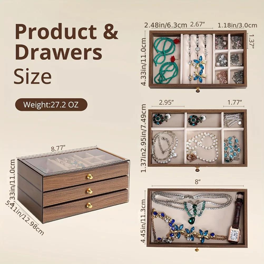 Vintage Wooden Jewelry Box Three Layer Wooden Drawer Storage Box Velvet Lined Display Box Multifunctional Acrylic Storage Boxs