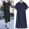 Plus Size Women's Retro Style Summer Dark Blue V-neck Single Breasted Simple Mid-Length Short Sleeve Dress Women Dress