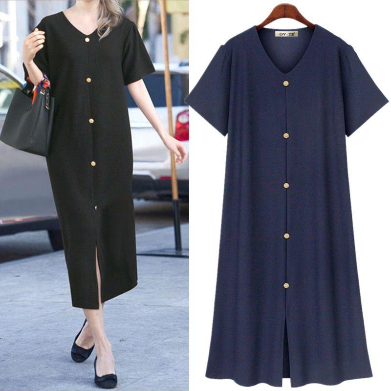 Plus Size Women's Retro Style Summer Dark Blue V-neck Single Breasted Simple Mid-Length Short Sleeve Dress Women Dress