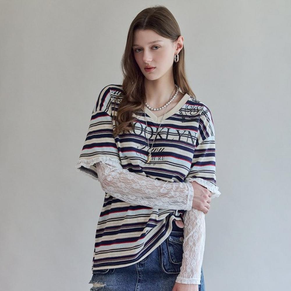 

Maxza Lace Layered Lettering Stripe V Neck Tee Zf05qt010na navy/FREE